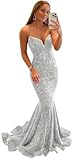 Prom Dresses Long 2024 Sexy Sequin Mermaid Strapless Sweetheart Formal Evening Gowns for Women Silver Us12