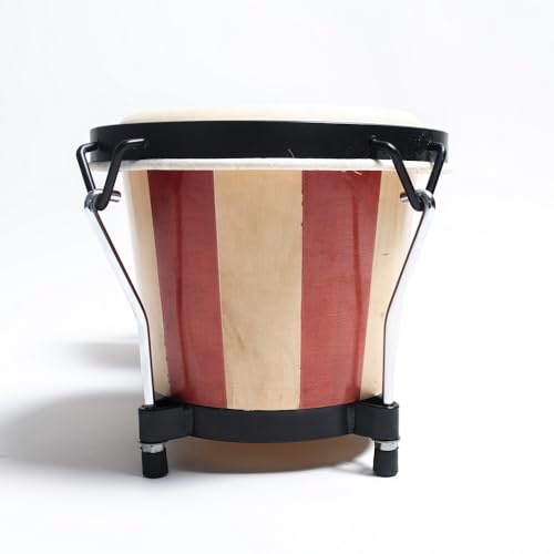 Image of Softline Pro Bongo Drum Set with Tuning Wrench & Padded Professional Wooden Percussion Instrument for Beginner Adults Kids - Natural Skin (Red Stripe - Normal)