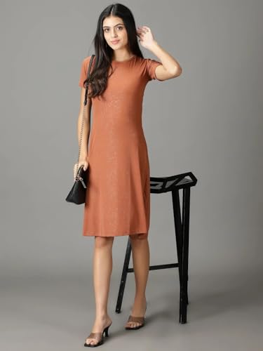 Image of SHOWOFFFF Women Embellished A-Line Party Dress | Round Neck Half Sleeves Jersey Dress for Womens | Knee Length Dress for Women's
