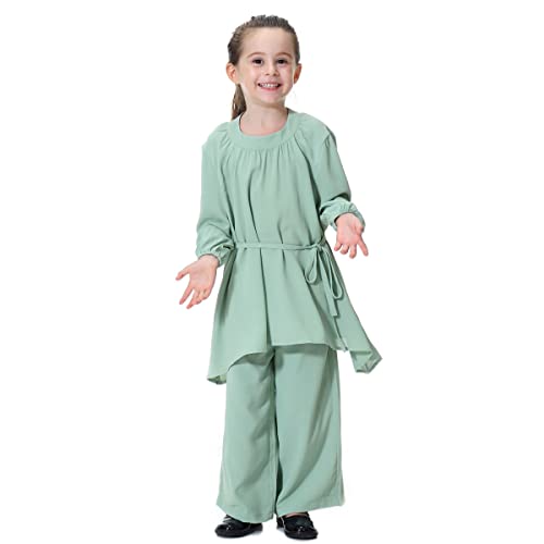 ODIZLI Kids Girls Muslim Islamic Two-piece Outfits Long Sleeve Ruffle Top and Loose Wide Leg Pants Arabic Outfits3