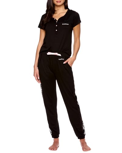 bebe Womens Pajama Set, Short Sleeve Shirt with Lace Jogger PJ Pants Lounge Sets for Women