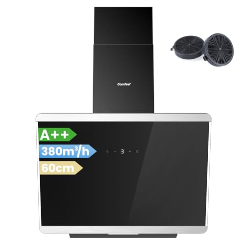 COMFEE' CH60J64ET4A2B A++ Dunstabzugshaube 60 cm, Kopffreihaube 60cm Umluft und Abluft, 380m³/h Luftstrom, Edelstahl/Glas Design mit Touchscreen, LED, Abzugshaube inkl. Kohlefilter, Schwarz