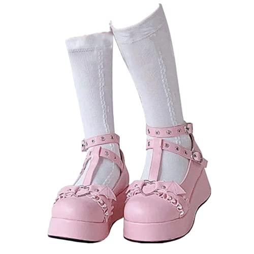 Ksone Fit Women's Lolita Shoes Cute Sweet Bow Mary Janes Platform Pumps Ankle T-Strap Gothic Punk Shoes Cosplay Shoes (Pink,11.5,Adult,Numeric,Wide,Female,Women,11.5)