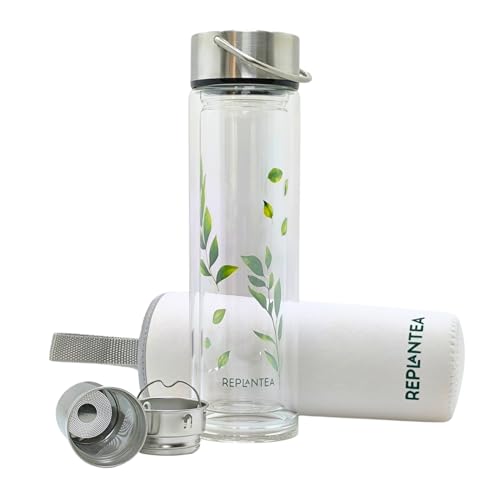 Replantea - Termo Para Té con Filtro | Botella de Doble Cristal con Infusor de Té 450ml | Conserva Frío y Calor sin BPA