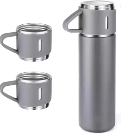 Image of 500ml Vacuum Insulated Stainless Steel Flask Set with 3 Cups Leakproof Double Wall Bottle for Tea Coffee Water Travel Office Gift Set- Not a Thermos Grey