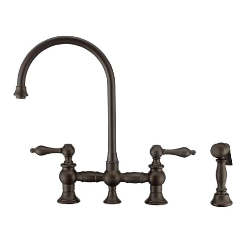 Vintage III Plus Bridge Faucet with Long Gooseneck Swivel Spout, Lever Handles and Solid Brass Side Spray -  Whitehaus Collection, WHKBTLV3-9101-NT-ORB