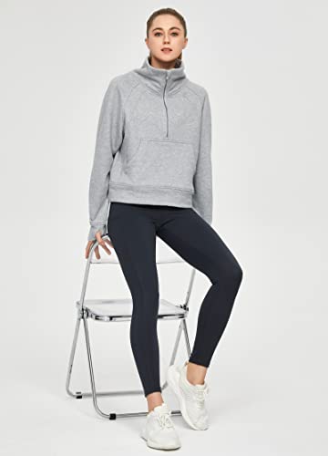 Dragon Fit Women's Half Zippe Sweatshirts High Neck Collar Pullover With Pockets Long Sleeve Crop Tops Thumb Hole Grey #TOP4