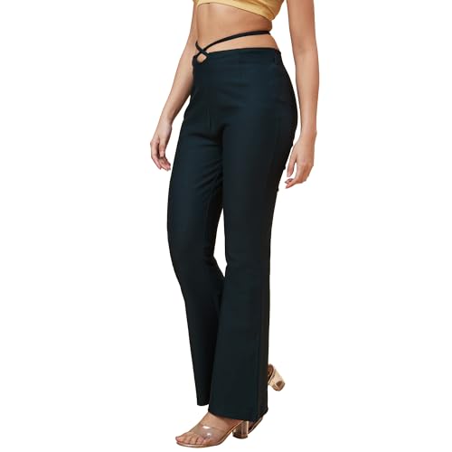 Image of Globus Women Black Solid High-Rise Slip-On Bootcut Tregging with Waist Tie Up-3639478001