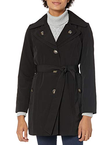 LONDON FOG Women's Single-Breasted Double Lapel Tie Waist Rain Coat, Black, LG