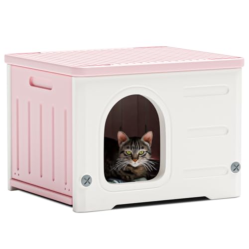Plastic Cat House for Outdoor Indoor Use, Stackable Feral Cat Shelter Indoor Cat House Weatherproof Waterproof Elevated (Pink)