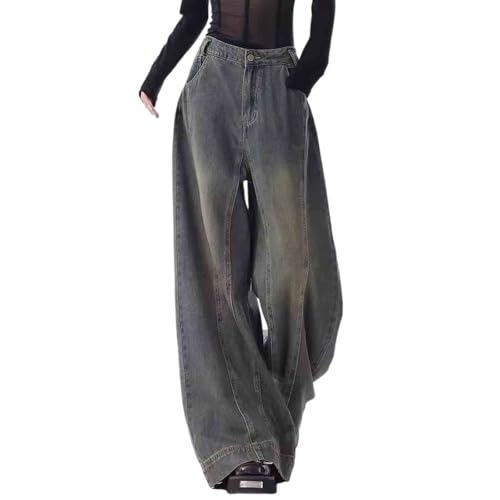 Women's Retro Washed Casual Jeans with high Waist and Floor Length Pants Wide Leg Jeans Woman