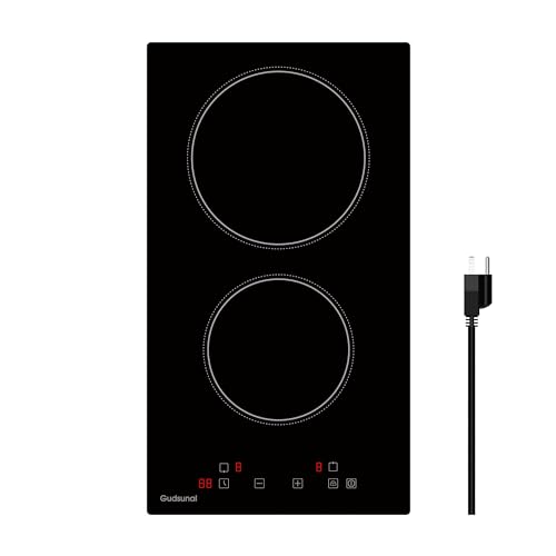 Gudsunal 2 Burner Electric Cooktop, 2000 Watt, 110V with Plug,12 Inch Touch Control Electric Stove Top for Countertop & Built-in Use, Timer, Child Lock, Hot Surface Indicator Included,Matte Black