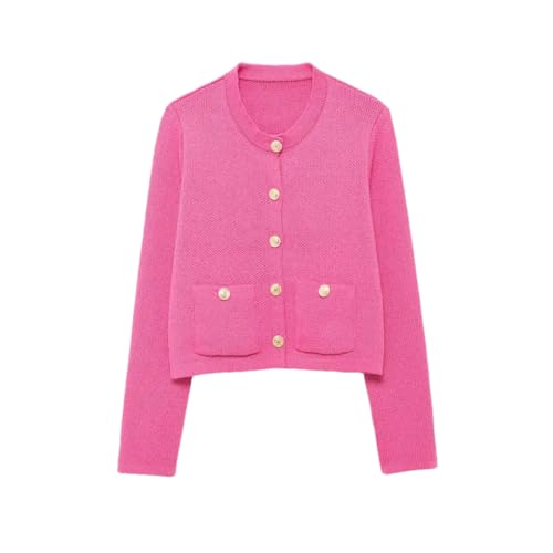 Women's Knitted Cardigan Sweater with Golden Buttons, Patch Pockets, Long Sleeve, Female Outerwear, Tops