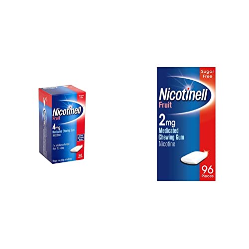Nicotinell Nicotine Gum, Quit Smoking Aid, Fruit Flavour, 4 mg, 96 Pieces & Nicotine Gum, Quit Smoking Aid, Fruit Flavour, 2 mg, 96 Pieces