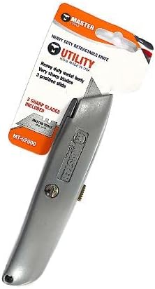 MASTERTOOLSMade in USA Retractable Utility Knife with 3 Blades - STEEL UTILITY KNIFE Heavy Duty Box Cutter for Cutting and Trimming