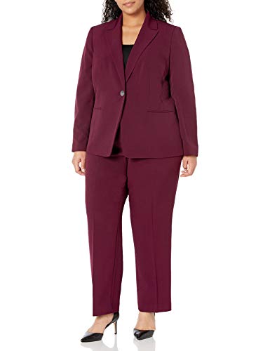Le Suit Women's Plus Size Stretch Crepe 1 Button Notch Collar Pant Suit, Bordeaux, 24W