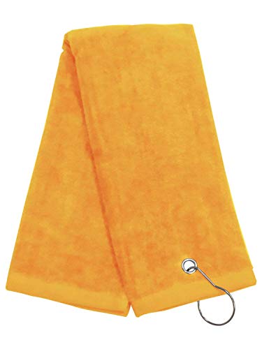 Gold 100% Cotton Golf Towel Tri-Fold with Grommet & Hook for Golf Bag