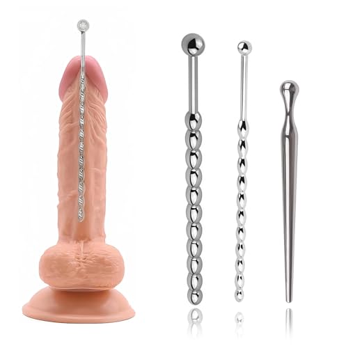 3 Pieces of Stainless Steel Cozy Sounding Stick and Male Urethral Plug Kit with Round and Smooth Beads (A)