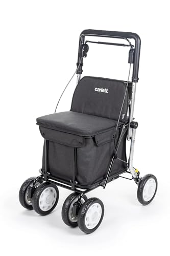 Carlett - Comfort Assist | Caminador Plegable con 4 Ruedas | Producto Médico Clase I Homologado | Bolsa Extraíble 36L/15kg | Bandeja Portaobjetos | Carro de la Compra | Negro