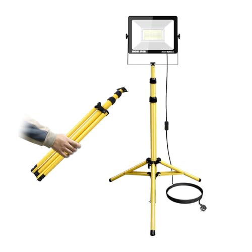 RIGIDON 100W Foco led con trípode telescópico, 10000lm luz de trabajo portátil con enchufe, proyector led para taller, mecanico, obra de construcción, garaje, jardín, interior y exterior, 6000K IP65