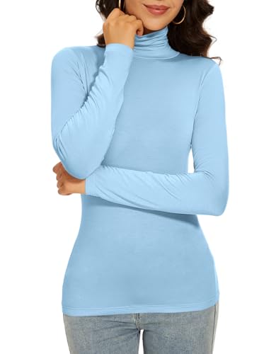 Turtleneck Women Long Sleeve Undershirt Tops Baby Light Blue Basic Sexy Underscrubs (Light Blue L2)