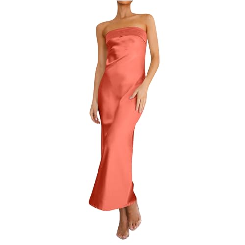 AYSDSKI Vestidos de noche largos sin mangas para mujer, monocolor, vestido de verano, vestido de satén, vestido de verano, naranja, S