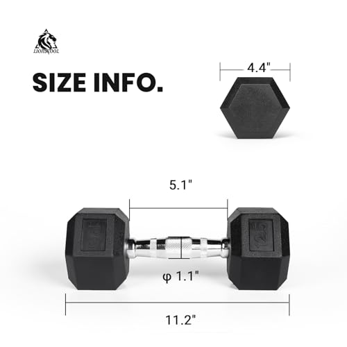LIONSCOOL Rubber Encased Hex Dumbbells in Pairs or Single, Hand Dumbbell Weight with Metal Handle for Strength Training, Resistance Training, Build Muscle and Full Body Workout, 5-65lbs (12.5LB PAIR) - Thumbnail 2