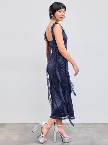 CIDER Summer Maxi Dress Wedding Guest Cowl Neck Glitter Ruffle Hem Bodycon Party Slim Formal Sleeveless Dress4