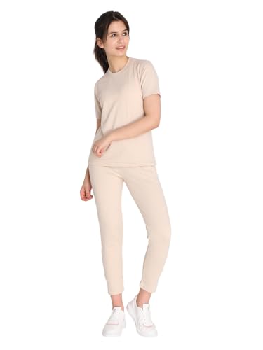 Image of CHKOKKO Casual Co ord Set For Women Stylish Summer Wear Cord Half Sleeves Round Neck Track Suit Coords Travelling Outfit Western Ladies Co ords Pastel Beige L
