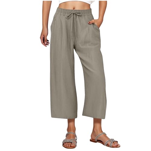 Women's Wide Leg Capri Pants Drawstring Elastic Waist Pants Casual Vacation Fashion Beach Pants with Pockets Gray