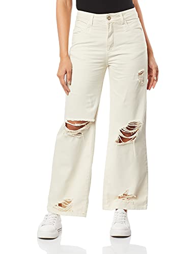 Sawary Jeans, Calça jeans wide leg, Feminino, Bege, 42-44