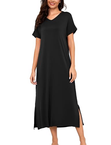 Litherday Nachthemd Damen Lang Nachtwäsche 95% Baumwolle Nachtkleid Rundhals Schlafshirt Loungewear Kurze Ärmel Sleepshirt