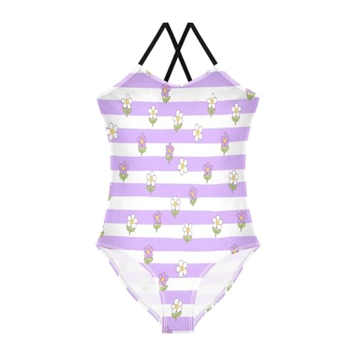 Purple and White Striped flowersSwimsuit for Girls 1-Piecing Bathing Suits for Teens Beach Swimwear trajes de ba?o para ni?as 5-6t