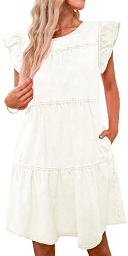 luvamia Ruffle Sleeve Babydoll Dress for Women Jean Dresses for Women Denim Denim Dress for Women Maternity Photoshoot Dress White Summer Dress Brilliant White Size Medium Fits Size 8 / Size 10