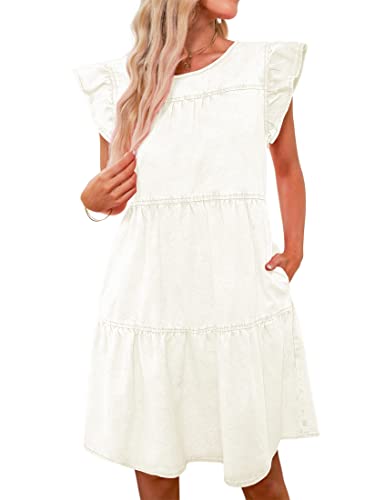 Image of luvamia 2025 Denim Dress for Women Summer Babydoll Sleeveless Ruffle Sleeve Mini Dresses Loose Flowy Swing Pleated Dress