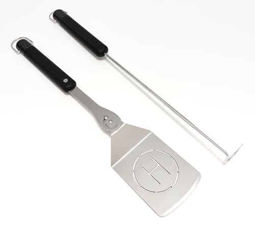 Henning Lee 2-Piece Grill Tool Set – Pivoting BBQ Spatula with 3 Adjustable Angles & Meat Hook – Heavy-Duty, Dishwasher Safe, Easy Storage Grilling Accessories (Black)