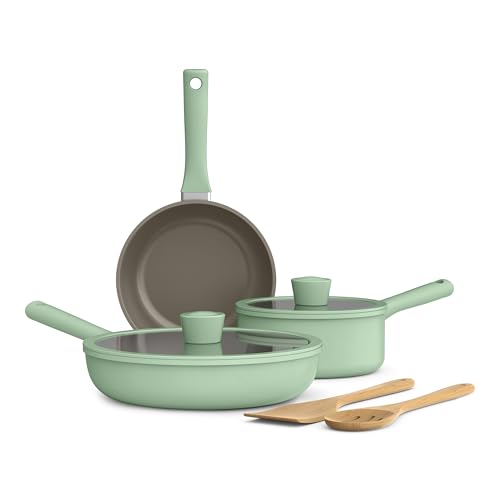 Image of bella 7 Piece Cookware Set with EverGood Ceramic Nonstick Coating, Dishwasher Safe Oven Safe, All Stovetops Compatible, Glass Lids with Silicone Rims, Cool Touch Handles, Seaglass