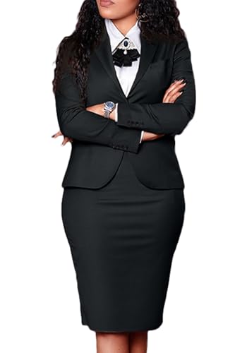 Vakkest Women's 2 Piece Skirt Suit Set Long Sleeve Blazer Business Outfits