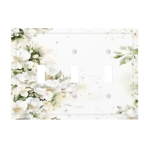 Decorative Switch Plate Covers Rustic Ink Green Leaves White Florals Flower 3 Gang Light Switch Cover Plate Triple Toggle Wall Plate Light Switch Covers for Bedroom Home Decor