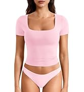 YEOREO Womens Tops Short Sleeve Going Out T Shirts Scoop Neck Slim Fit Double Lined Pattiy Crop Tops