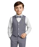 Ensemble complet de 4 pièces : comprend un gilet texturé, un pantalon ajusté, une chemise blanche bien repassée et un nœud papillon assorti.
