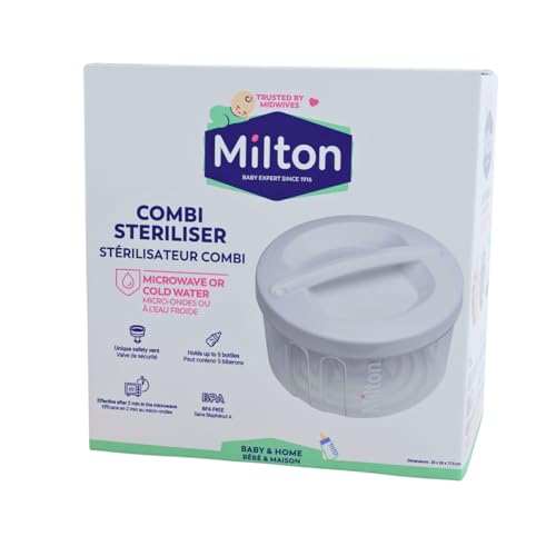 MILTON Combi Microwave Or Cold Water Steriliser in White – Fits Five Wide Neck Bottles of Any Brand
