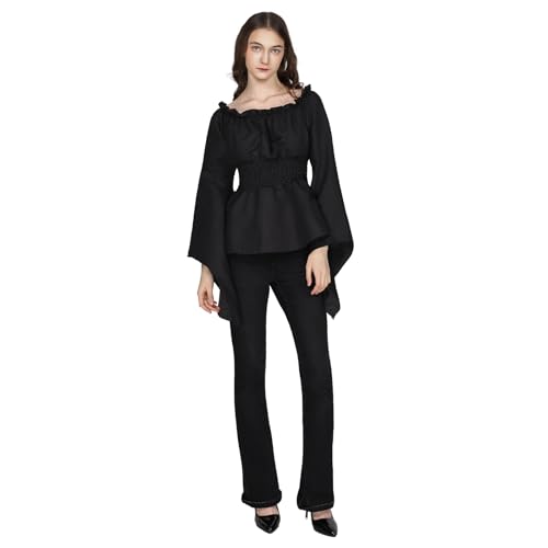 EraSpooky Blusa renacentista para mujer Camisa pirata Campesina Hombros al aire Cintura fruncida Traje medieval Top victoriano