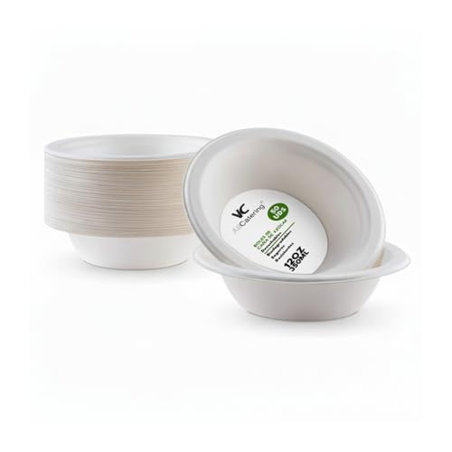 AC ALL CATERING 100 Boles Desechables de Caña de azúcar Redondos de 350 ml. Ecológicos, Biodegradables y Resistentes para Picnics, Barbacoas, Fiestas y Cumpleaños. 100 Cuencos