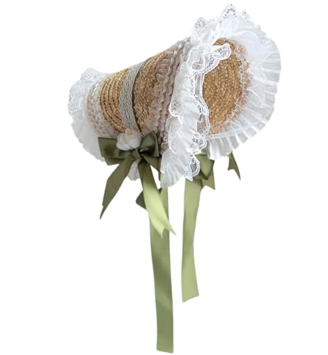 Vintage Womens Victorian Tea Party Lace Straw Hat Lolita Girls Flowers Bonnet Headdress (Green)