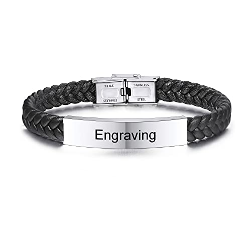 AOTXOXTOA Nombre Pulsera Pulseras Personalizadas para Mujeres Pulseras para Niños Hombres Niñas Acero Inoxidable Grabado De Cuero Genuino Brazalete Trenzado Ajustable