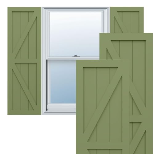 12"W x 41"H True Fit PVC Two Equal Panel Farmhouse Fixed Mount Shutters w/Z-Bar, Moss Green (Per Pair - Hardware Not Included)
