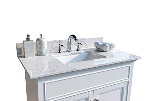 Montary 31 Inch Marble Vanity Top With Undermounted Rectangular Ceramic Sink & Backsplash, White Carrara Engineered Stone Countertop Vanity Sink Top For Bathroom 3 Pre-Drilled Hole thumb #2
