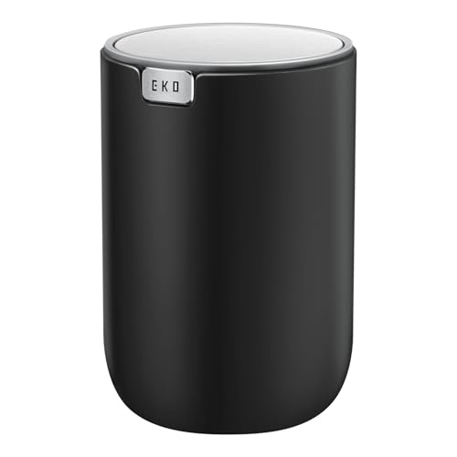 EKO Mini Tischmülleimer mit deckel, 1,5 L Kosmetikeimer Schwarz, Kleiner Tischabfalleimer für Bad, Schreibtisch, Schlafzimmer oder Auto, Mülleimer mit Edelstahl-Sockel, Small Table Bin, Papierkorb