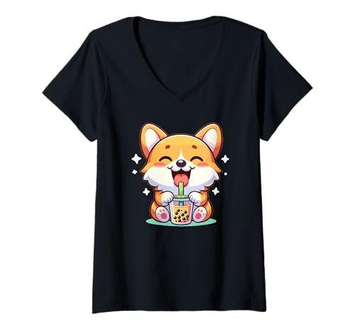 Femme Kawaii Bubble Tea Boba Corgi Chien T-Shirt avec Col en V